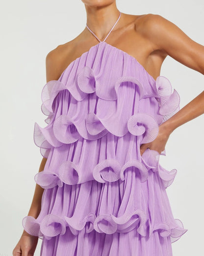 Lilac Violet Crinkle Chiffon Tiered Mini Dress