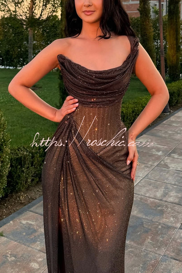 Black Vivienne Glitter One-Shoulder Maxi Dress