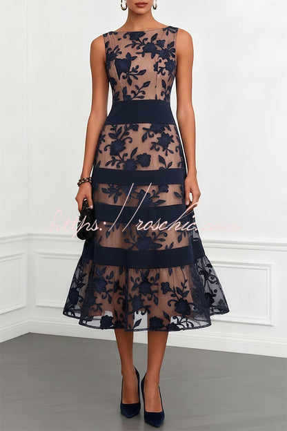 Navy blue Rosmie Flower Mesh Lace Colorblock Boat Neck Sleeveless A-Line Midi Dress