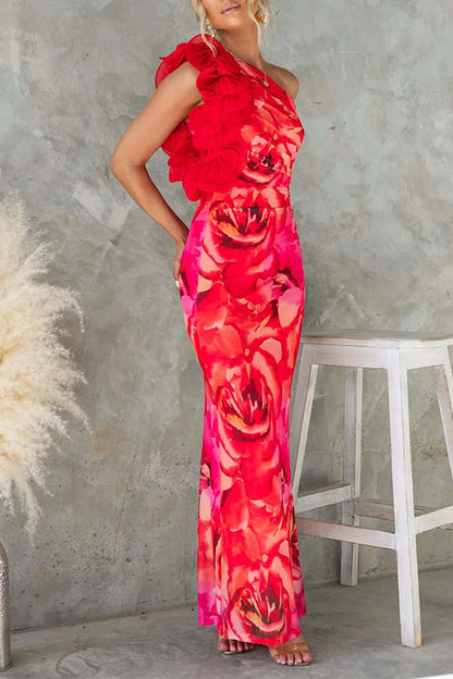 Red Margot Ruffle One-Shoulder Floral Maxi Dress
