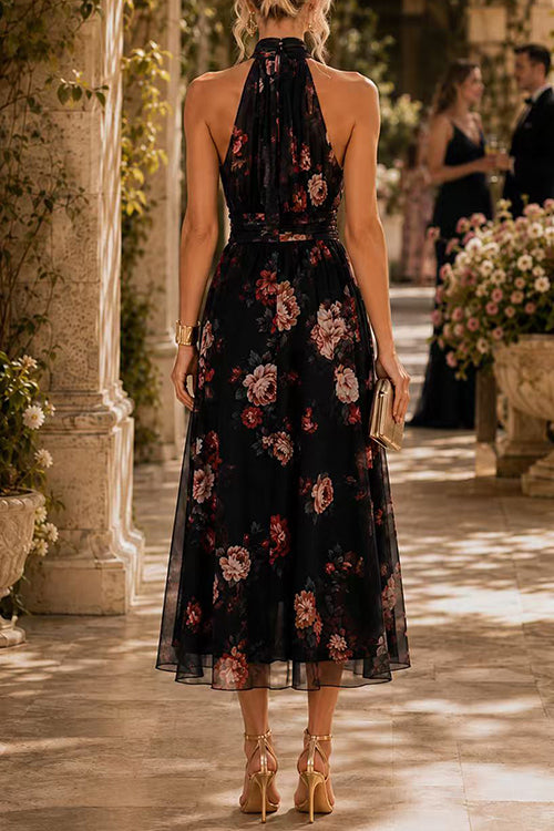 Black Margot Floral Flowy Midi Dress