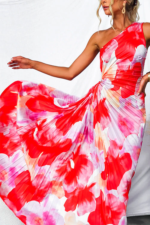 Red Valentina One-Shoulder Pleated Maxi Dress