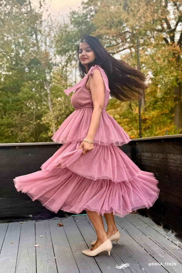 Mauve Arabella Tiered Tulle Dress in Mauve