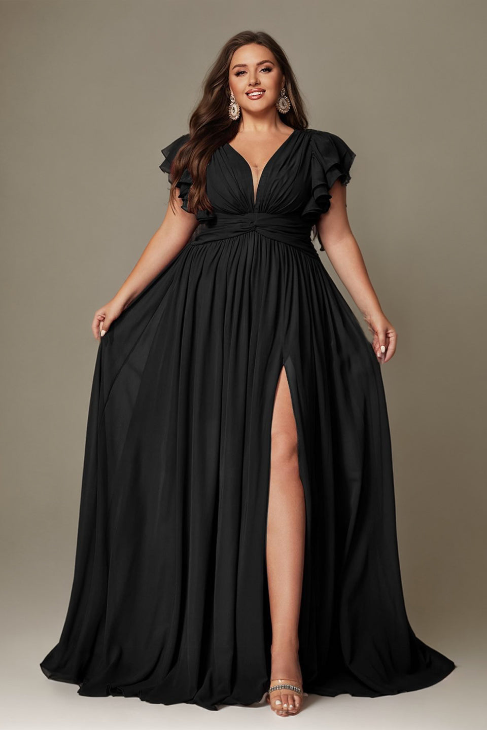 Brown Curveins Plus Size V-Neck Ruffle Sleeve Split A-Line Maxi Dress - 28/5X / Brown