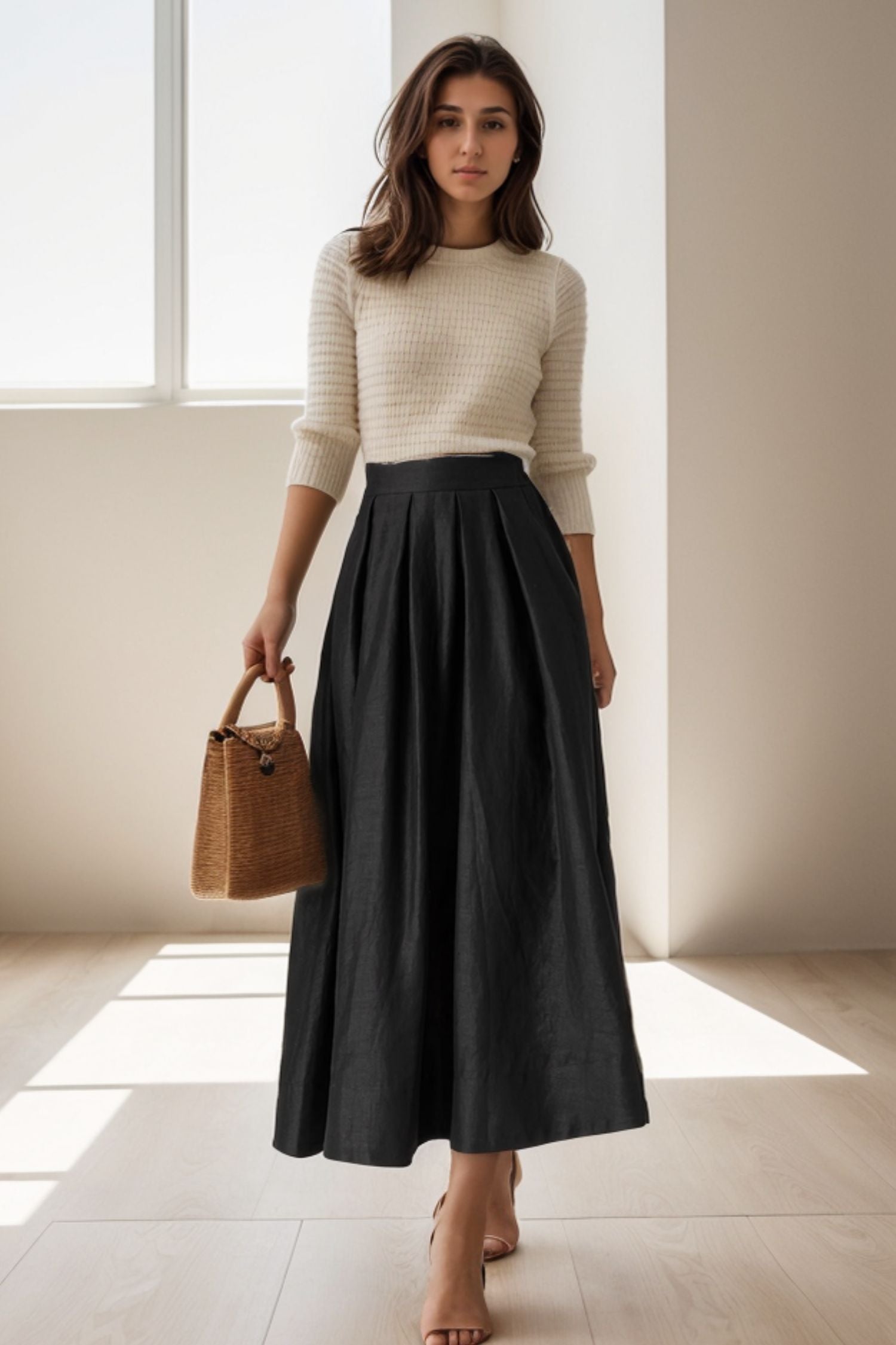 Pleated Waist, Elastic Back 5124 Adelaide Linen Midi Skirt