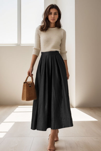 Pleated Waist, Elastic Back 5124 Adelaide Linen Midi Skirt