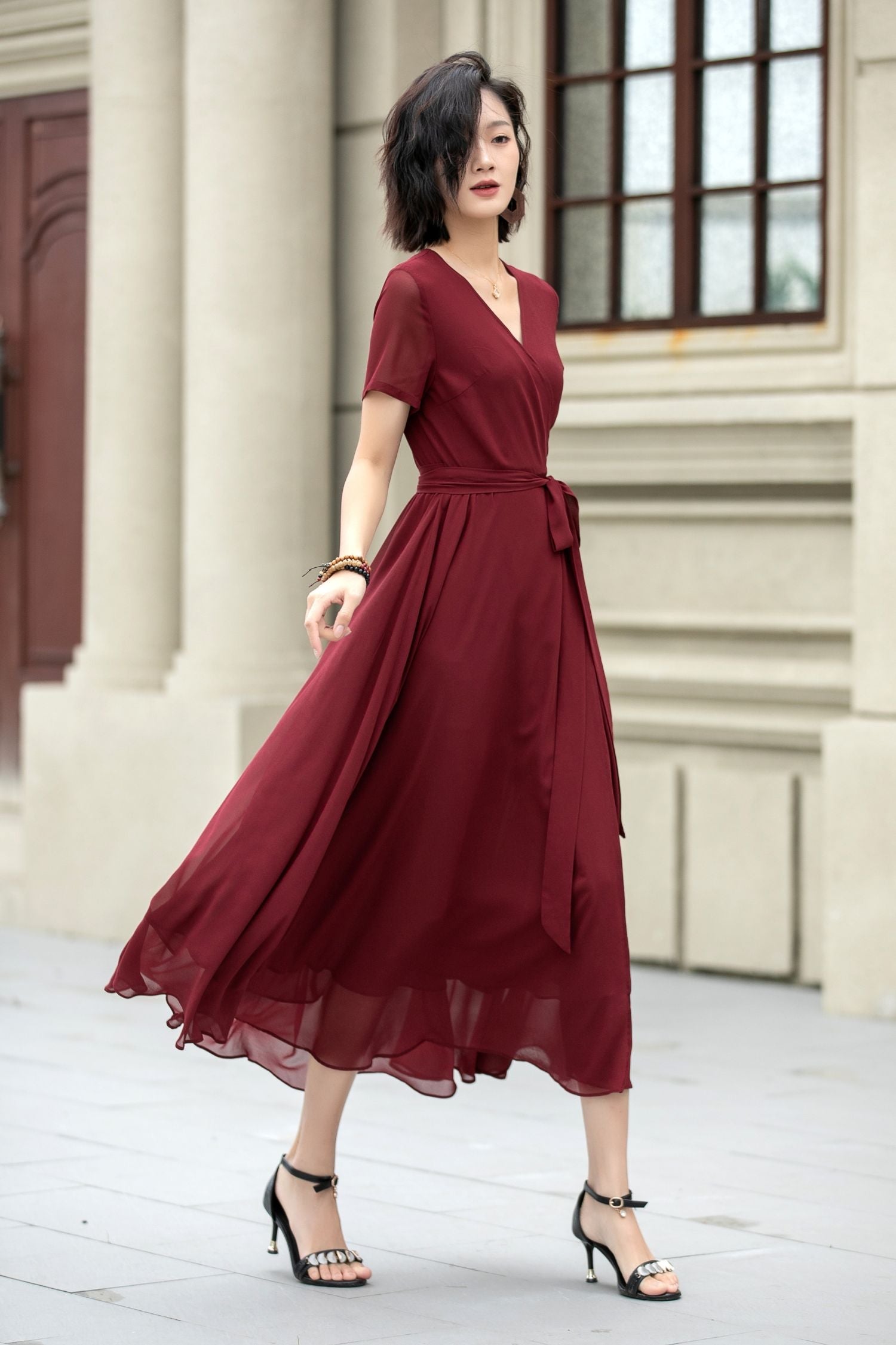 Neck Wrap Style 5222 Burgundy midi fit and flare prom chiffon dress