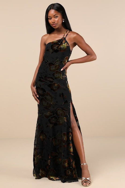 Ophelia Velvet Burnout One-Shoulder Maxi Dress