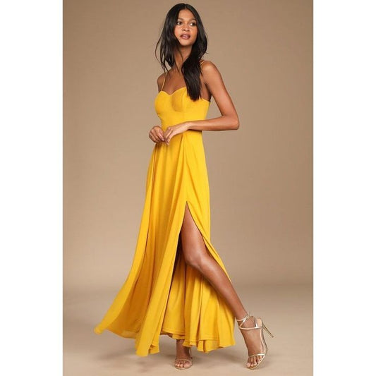 Margot Pleated Bustier Maxi Dress in Golden Yellow