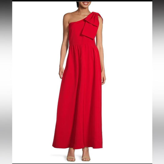 Abbey Glass One-Shoulder Bow Dress in Fiery Red