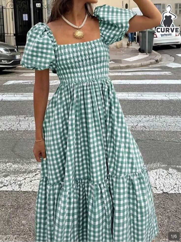 Shein Dresses | Shein Green Gingham Square-Neck Puff Sleeve Maxi Dress | Color: Green/White | Size: 3xl