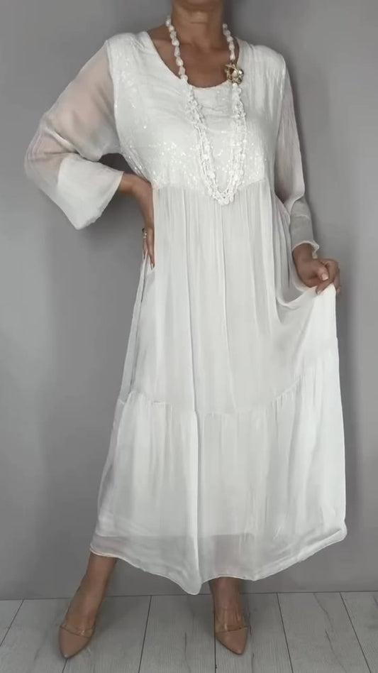 White Sequin Round Neck Chiffon Midi Dress white-M(US 10)