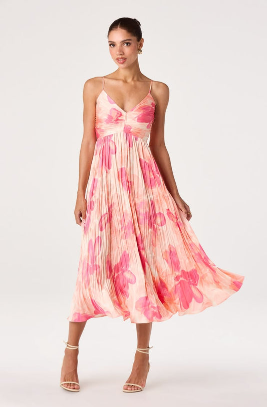 Maeve Pleated Midi Dress in Coral Abstract