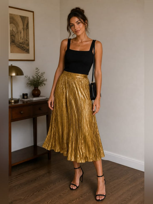 Anthropologie Skirts | Firm Price By Anthropologie Metallic Pleated Midi Skirt | Color: Gold | Size: Xs