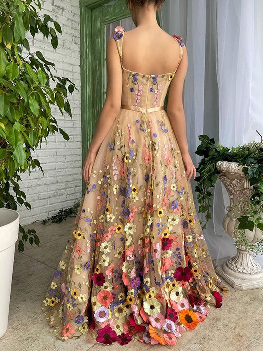 Floral Elegant Champagne A-line Spaghetti Straps Long Prom Dress, PD3519 - US12 / Custom Color(leaving a note)