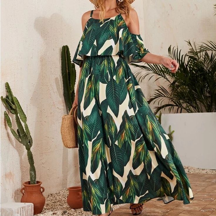 Leave Print Maxi Dress | Color: Cream/Green | Size: Xl