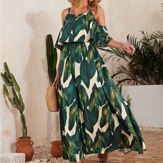 Leave Print Maxi Dress | Color: Cream/Green | Size: Xl