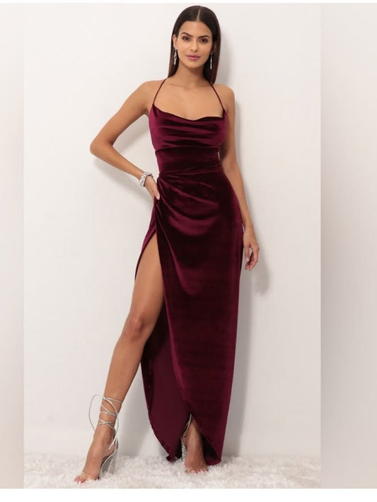 Lucy In The Sky Dresses | Lucy In The Sky Velvet Cowl Neck Burgundy Evening Dress With Side Slit Maxi | Color: Red | Siz
