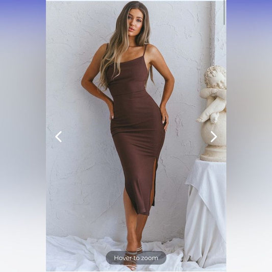 Selfie Leslie Dresses | New! Selfie Leslie Frieda Cowl Neck Side Split Ribbed Midi Dress | Color: Brown | Size: Xs