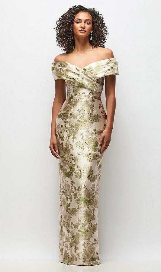 Draped Wrap Off-the-Shoulder Abstract Floral Jacquard Column Maxi Dress in Peridot Blush