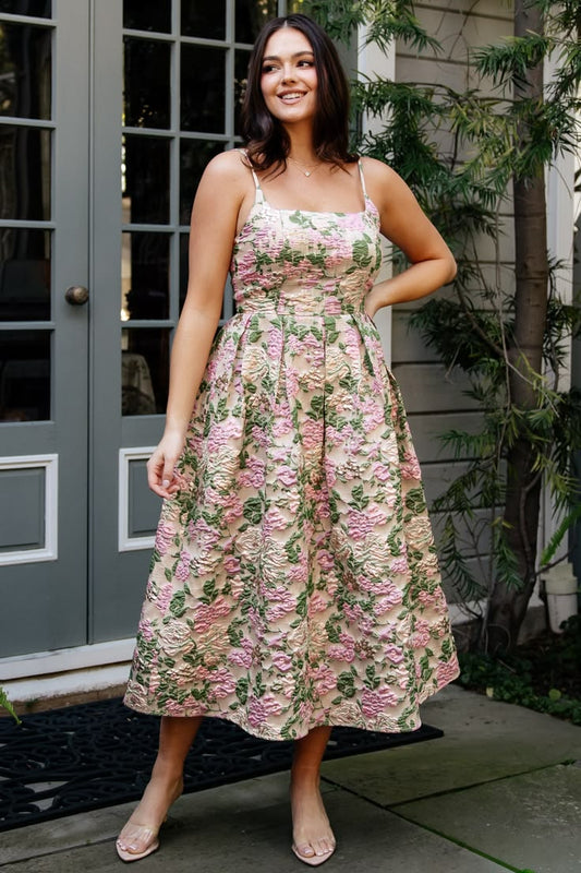 Baltic Born Womens Antoinette Embossed Midi Dress | Champagne Multi Floral | Size: XS
