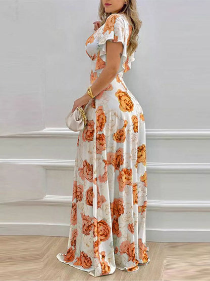 Teal Floral Print V-Neck Ruffle Sleeve Maxi Dress - Fuchsia Pink / M