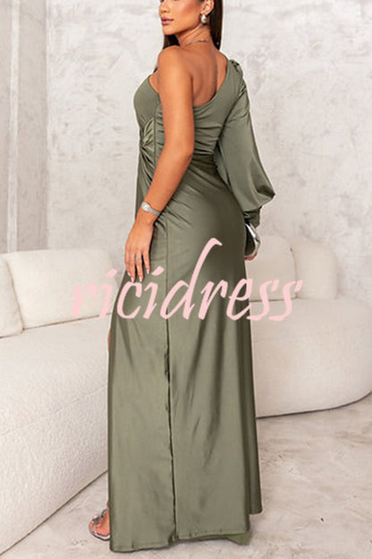 Green Arabella Satin One-Shoulder Maxi Dress