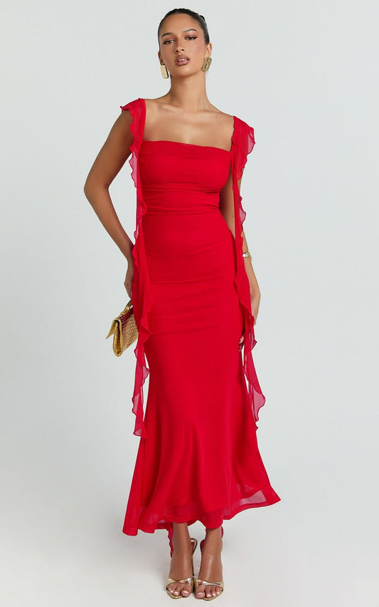 Rosha Ruffle Strap Maxi Dress in Red