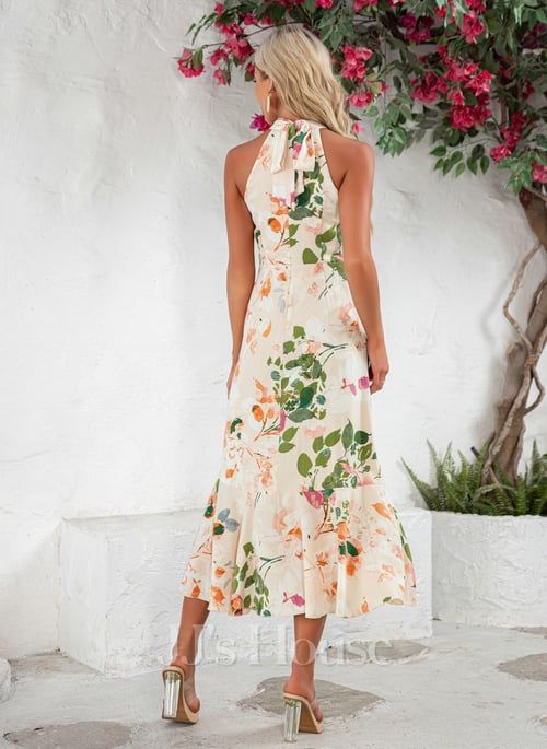Tenaya Halter Floral Print Chiffon Midi Dress