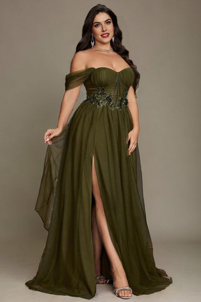 Black Curveins Plus Size Off-Shoulder Strapless Sleeveless Cinched-Waist Maxi Dress - 18-20/2X / Green