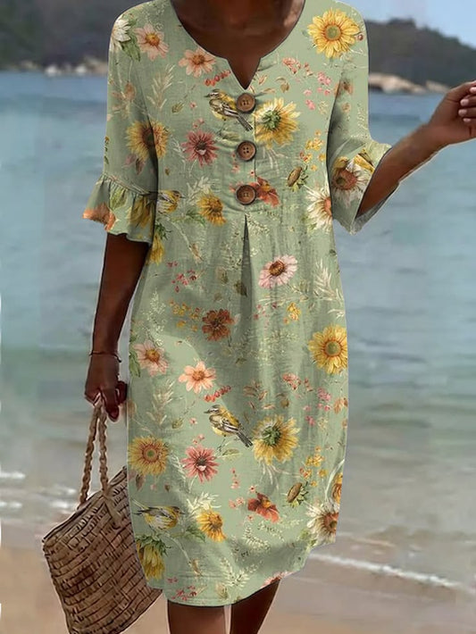 Women's Vintage Sunflower Pattern Print Casual Button-down Cotton Dress