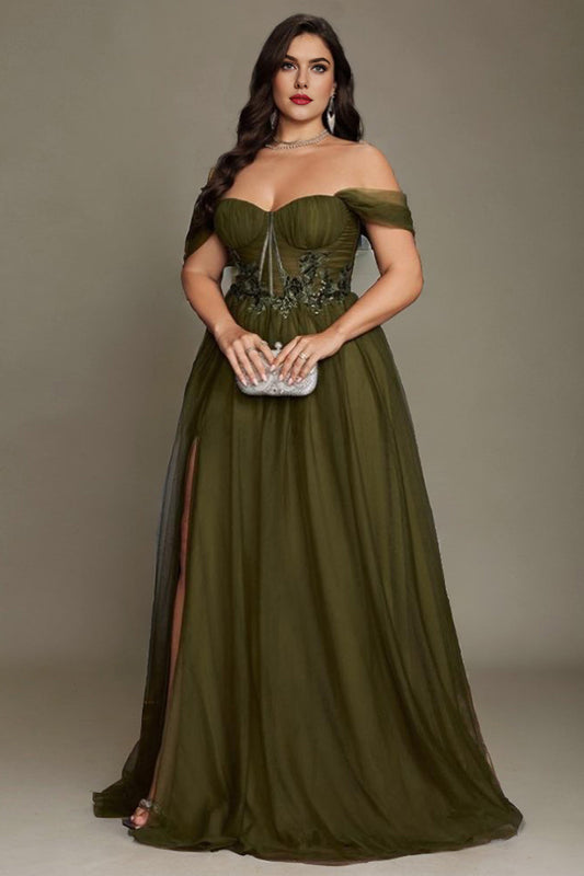 Green Curveins Plus Size Off-Shoulder Strapless Sleeveless Cinched-Waist Maxi Dress - 18-20/2X / Green