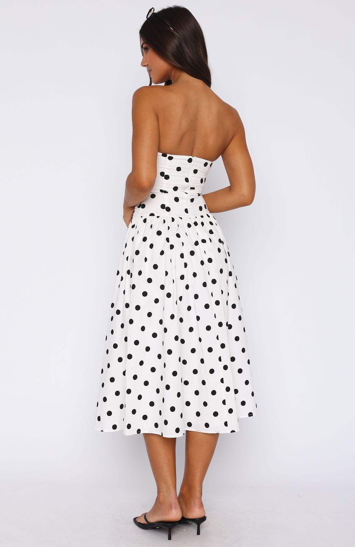 Love Strapless Midi Dress White/Black Polka Dot Ophelia Polka Dot Strapless Midi Dress