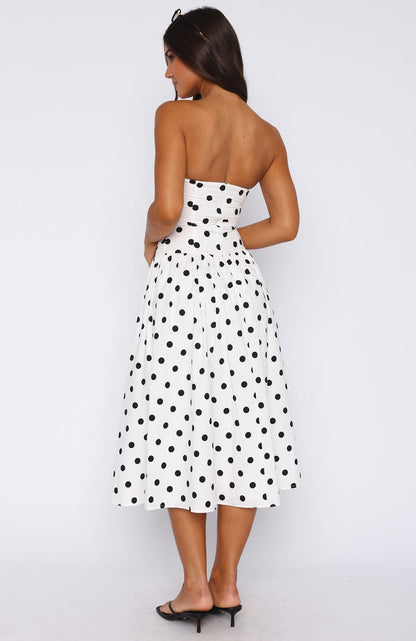 Love Strapless Midi Dress White/Black Polka Dot Ophelia Polka Dot Strapless Midi Dress