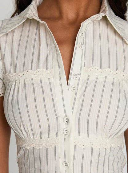 Cream Stripe Puff Sleeve Top