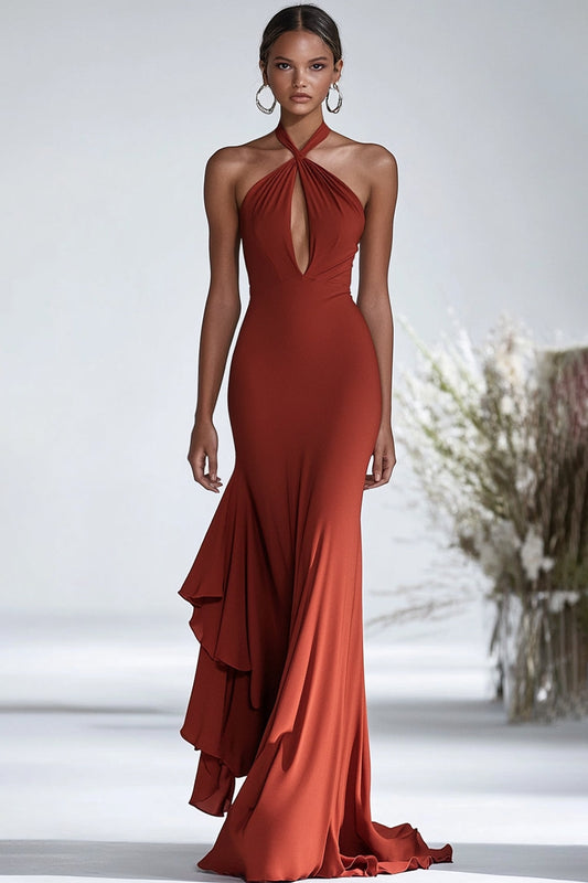 Terracotta Valentina Halter Chiffon Gala Dress