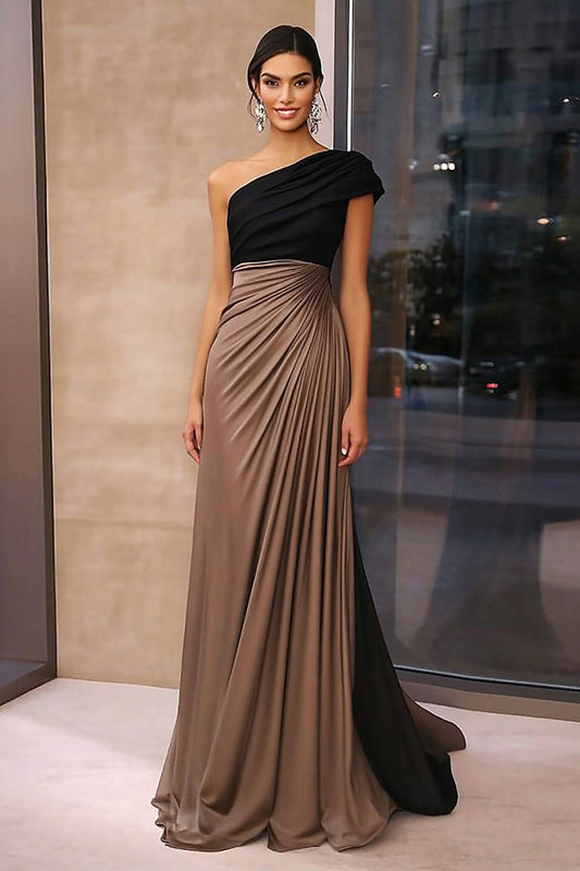 Black Brown Arabella Crepe One-Shoulder Gala Dress