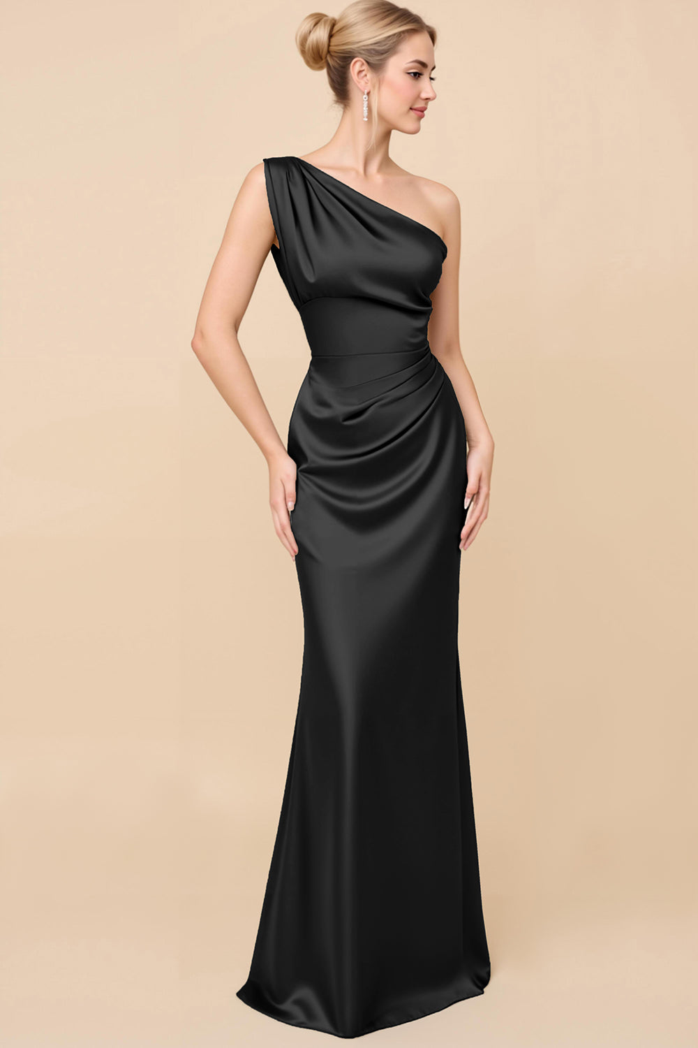 Black Vivienne Satin One-Shoulder Dress