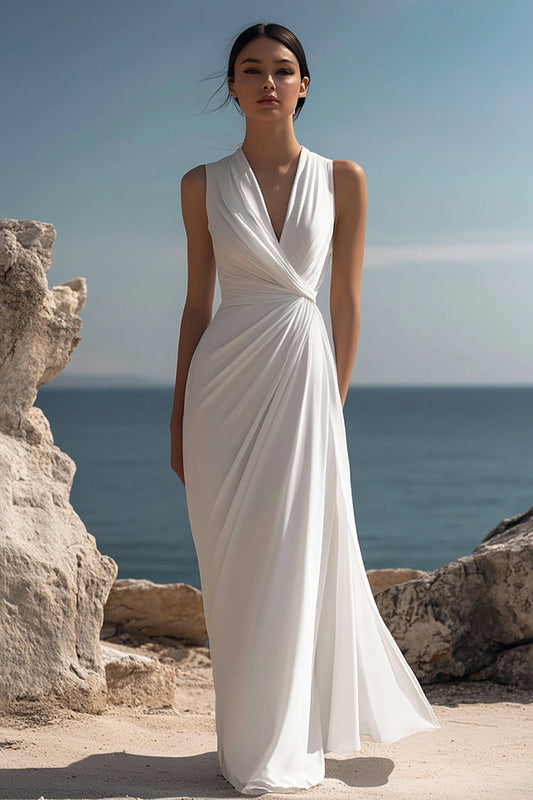White Arabella Chiffon V-Neck Dress