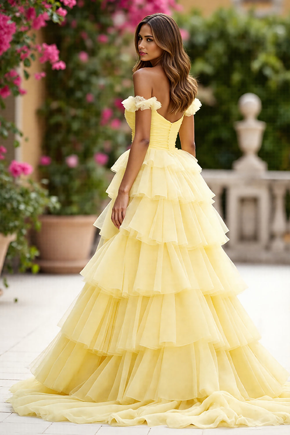 Yellow Margot Off-Shoulder Tiered Silk Gown