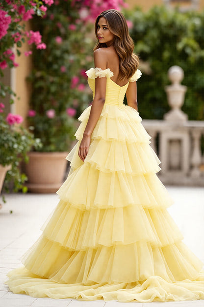 Yellow Margot Off-Shoulder Tiered Silk Gown