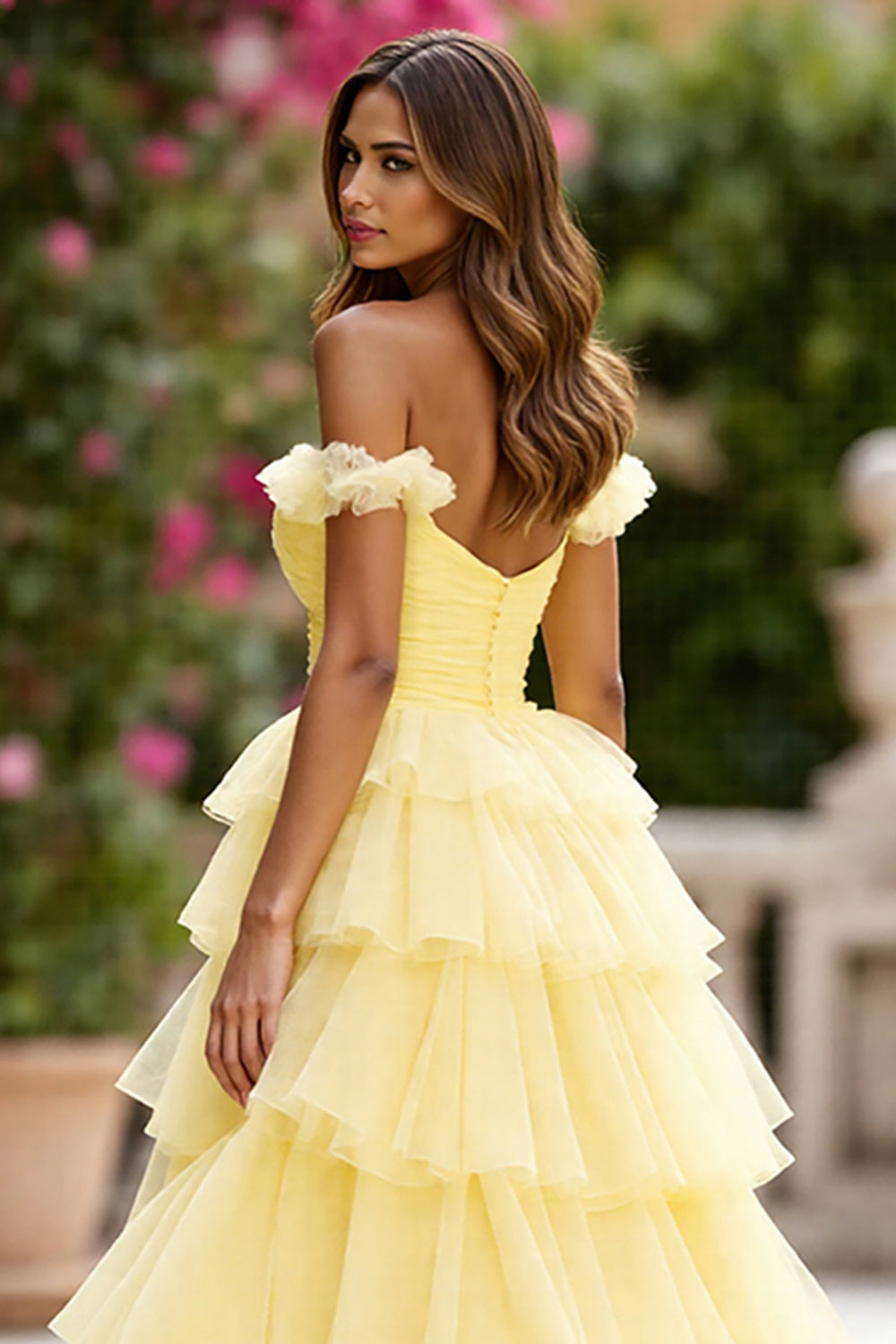 Yellow Margot Off-Shoulder Tiered Silk Gown