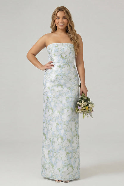 White Blue Flower Margot Floral Strapless Sheath Dress