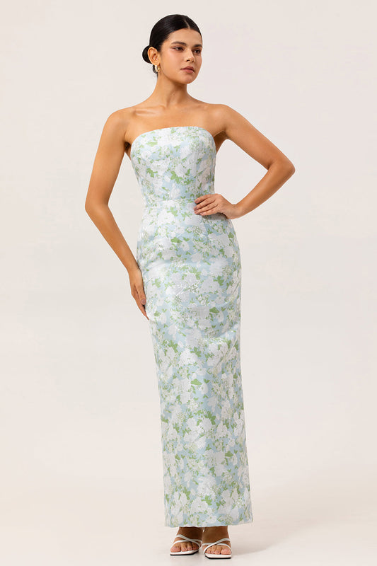 White Blue Flower Margot Floral Strapless Sheath Dress