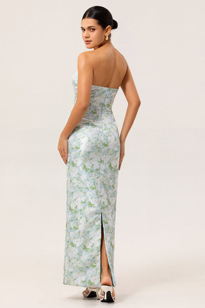 White Blue Flower Margot Floral Strapless Sheath Dress