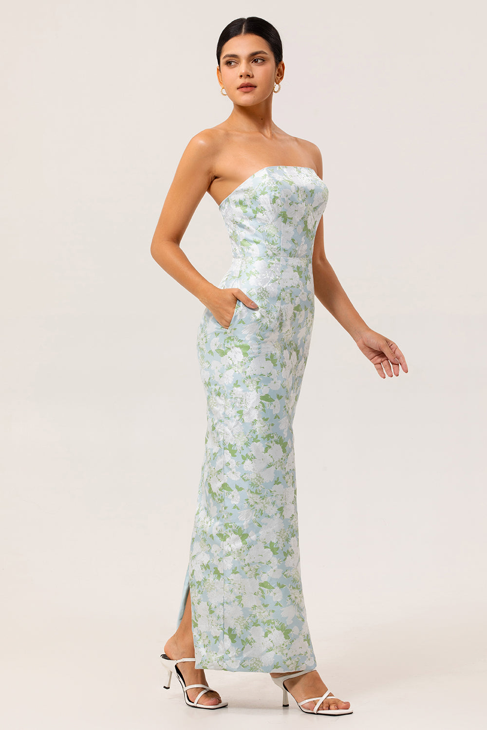 White Blue Flower Margot Floral Strapless Sheath Dress