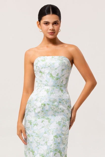 White Blue Flower Margot Floral Strapless Sheath Dress