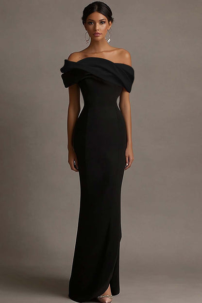 Black and Dark Green Vivienne Satin Off-Shoulder Evening Dress