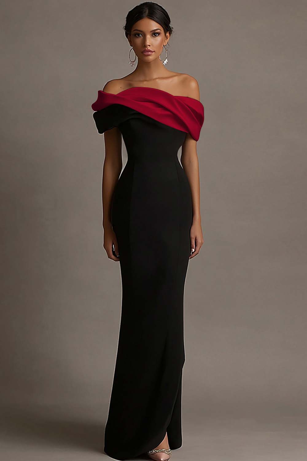 Black and Pink Vivienne Satin Off-Shoulder Evening Dress