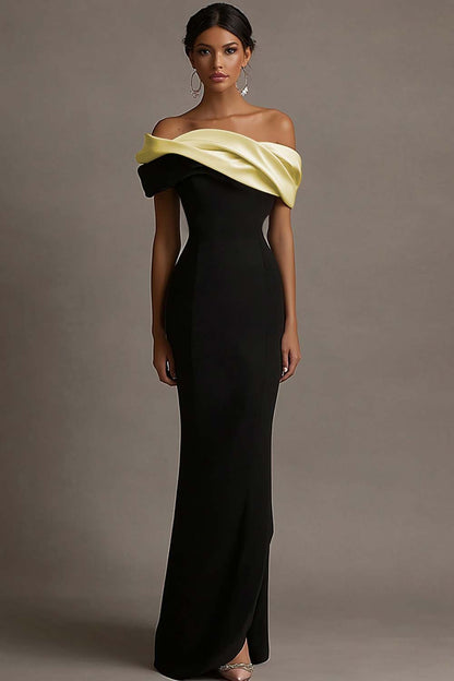 Black and Pink Vivienne Satin Off-Shoulder Evening Dress
